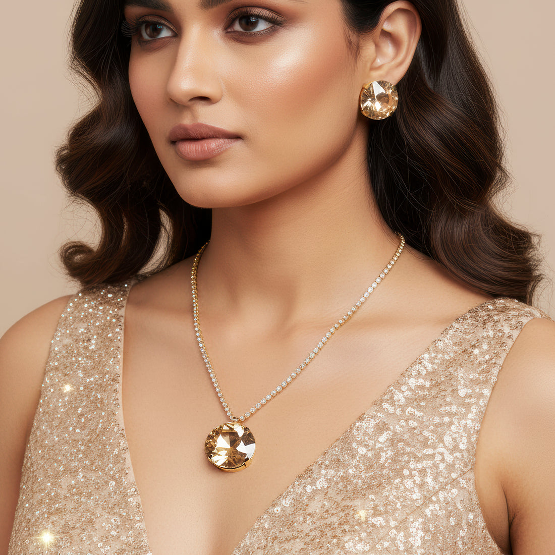 PRAO Anti-Tarnish Large Champagne Crystal Pendant Studded Necklace Set with Earrings