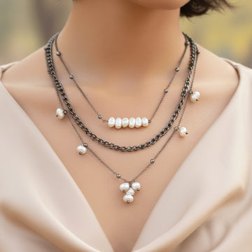 PRAO Anti-Tarnish Triple Layer Necklace with Uncut Pearls