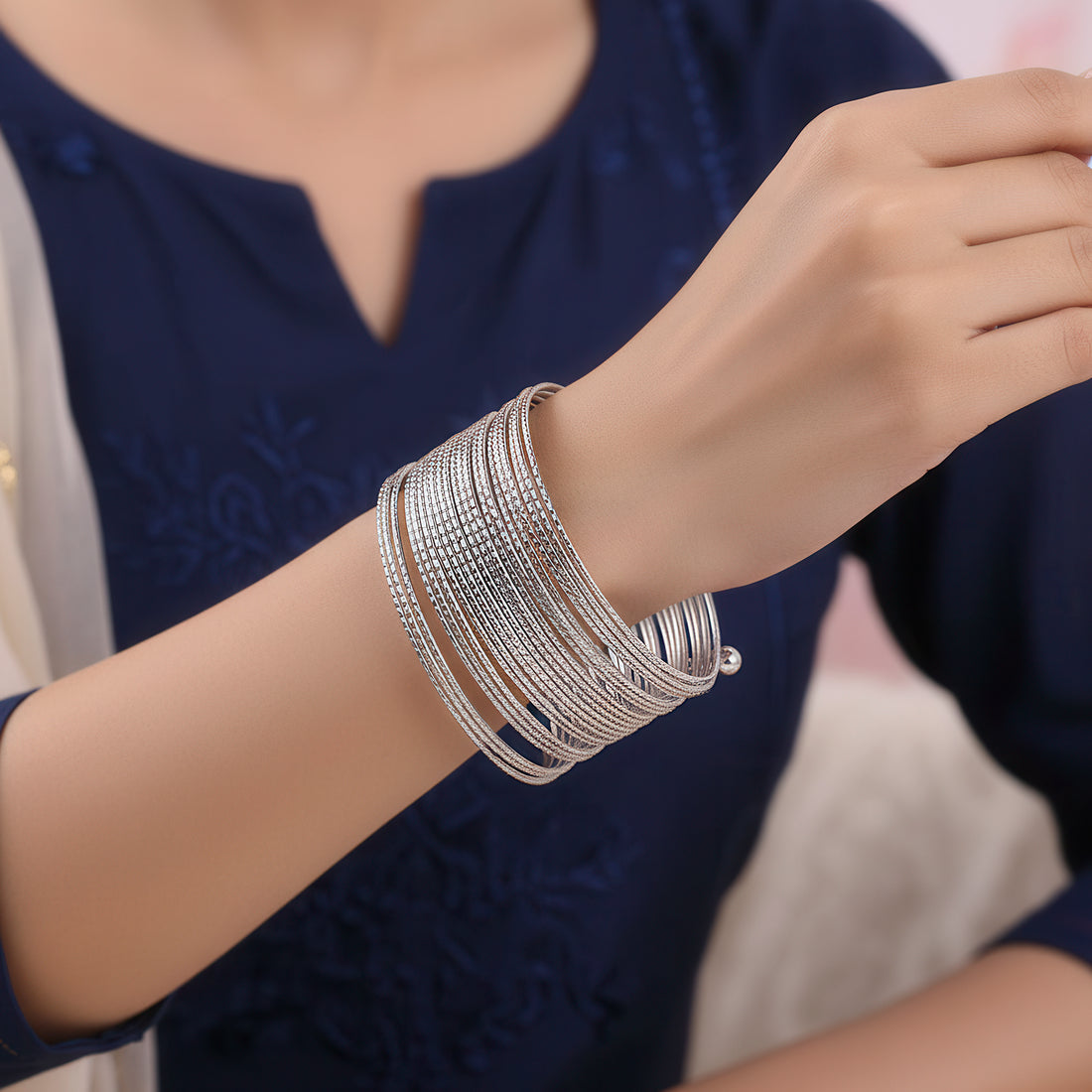 PRAO Anti-Tarnish Silver Plated Multilayer Bangle Bracelet (Adjustable Size)