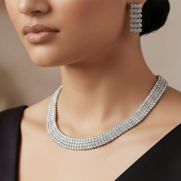 PRAO Anti-Tarnish Rhinestone Chains Broad Necklace Set With Earrings