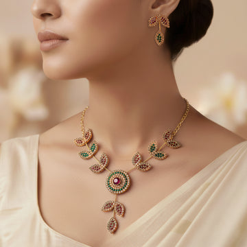 PRAO Anti-Tarnish Round Pendant Leafy Pattern Necklace Set With Earrings