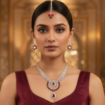 PRAO Anti-Tarnish Ethnic Rhinestone Hollow Pendant Necklace Set With Earrings