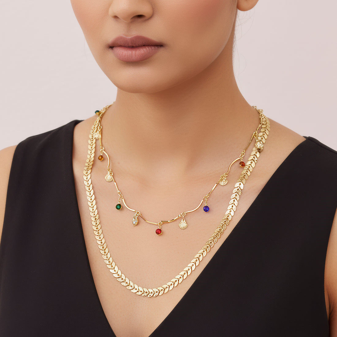 PRAO Anti-Tarnish Double Layer Chevron Chain with Shell Charms Necklace