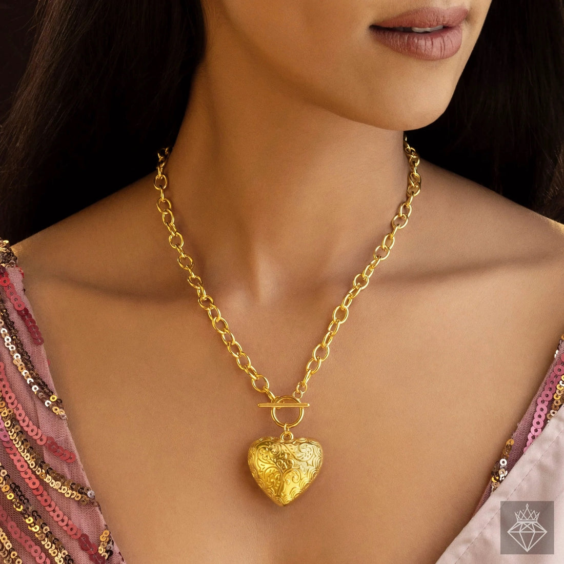 PRAO Anti-Tarnish T-Lock Puffy Heart Pendant Necklace