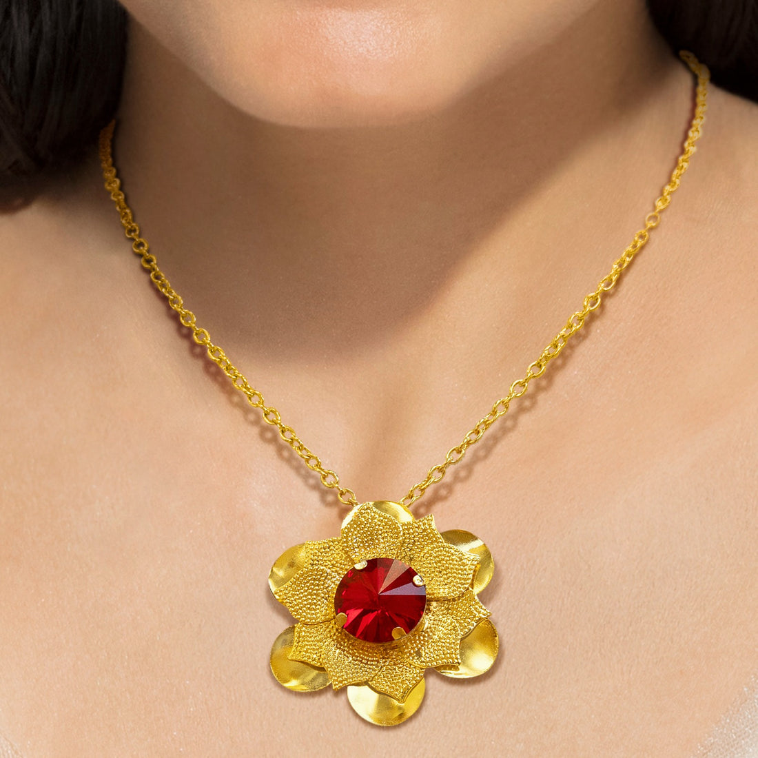 PRAO Anti-Tarnish Ruby Flower Necklace