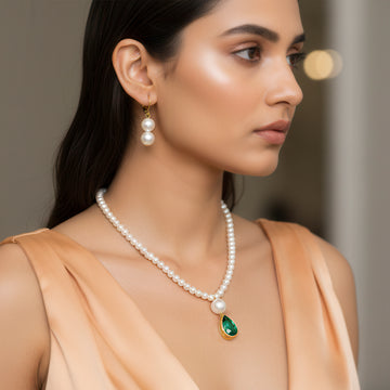 PRAO Emerald Crystal & Pearl Necklace Set with Earrings
