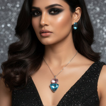 PRAO Anti-Tarnish Rectangle & Triangle Pendant Necklace with Earrings