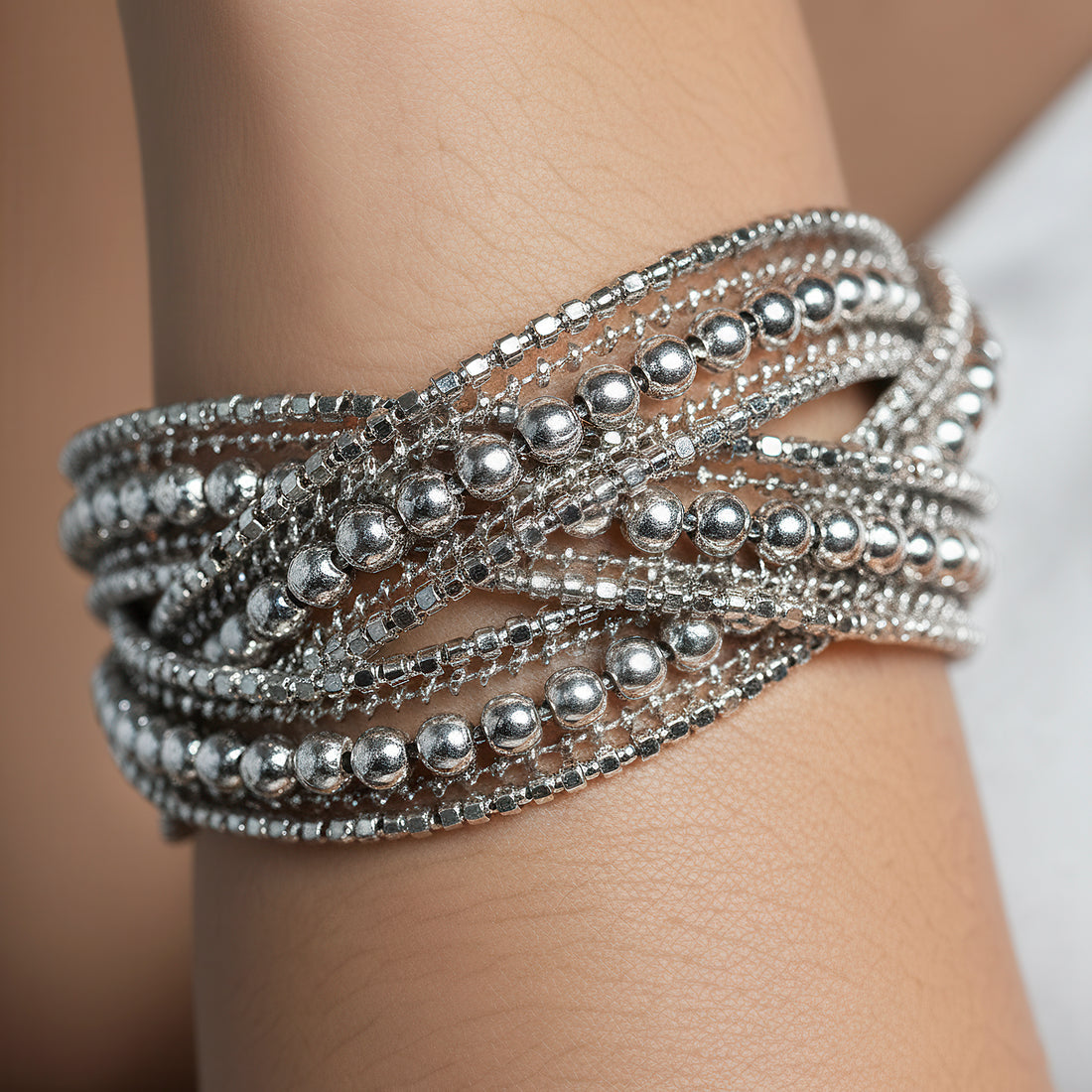 PRAO Anti-Tarnish Silver Multilayered Bangle Bracelet (Adjustable Size)