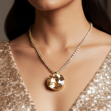 PRAO Anti-Tarnish Round Crystal Pendant Necklace Set with Earrings