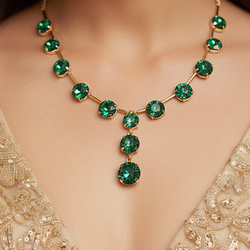 PRAO Anti-Tarnish Emerald Gold Plated Crystal Necklace Set With Earrings