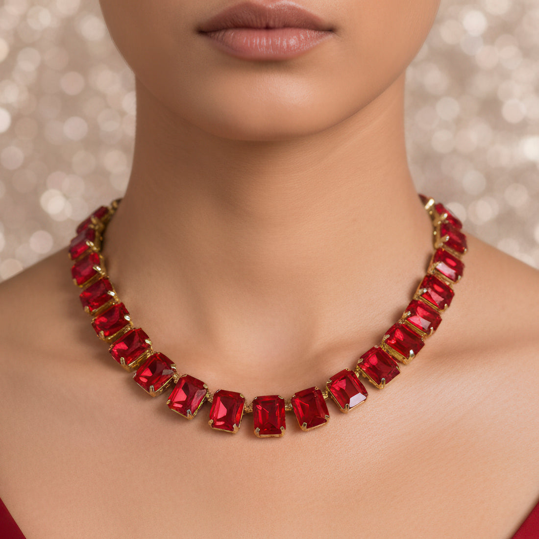 PRAO Anti-Tarnish Single-Line Crystal Necklace Set with Earrings