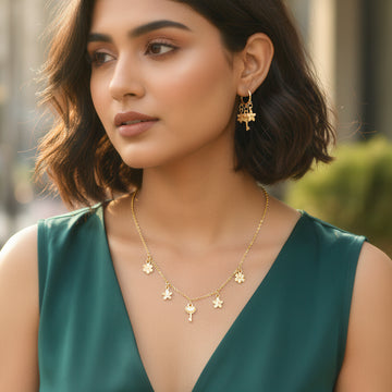 PRAO Anti-Tarnish Multi-Charm Chain Necklace Set With Earrings