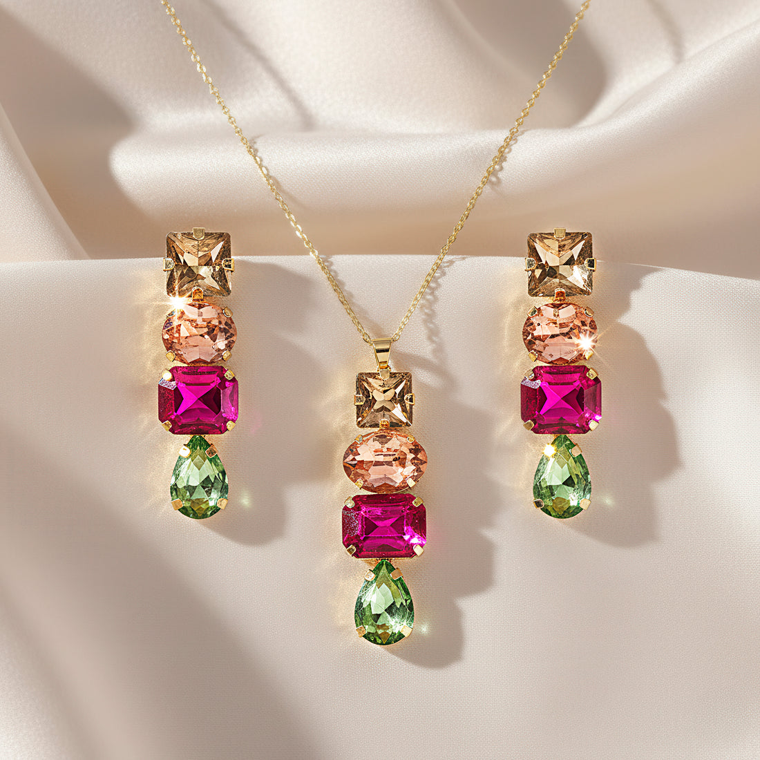 PRAO Anti-Tarnish Multi-Shape & Multi-Colour Premium Crystal Necklace Set With Earrings