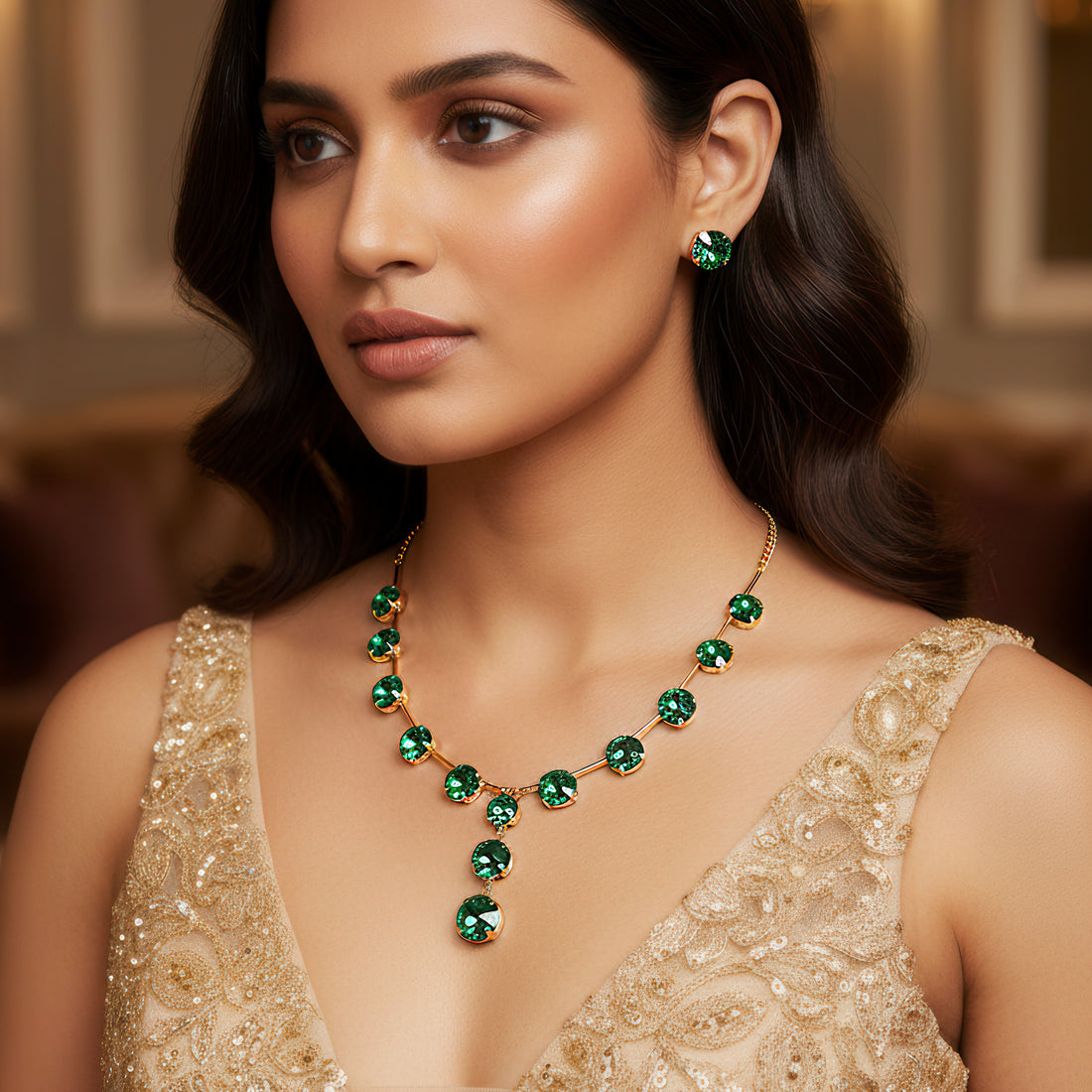 PRAO Anti-Tarnish Emerald Gold Plated Crystal Necklace Set With Earrings