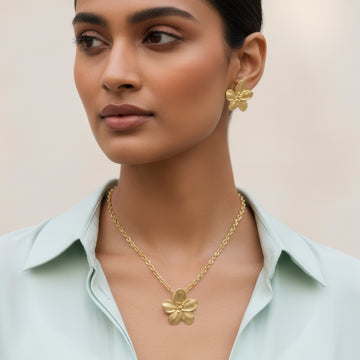 PRAO Anti-Tarnish Lily Flower Necklace Set With Earrings