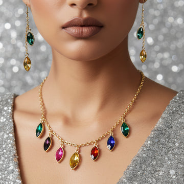 PRAO Anti-Tarnish Multicoloured Crystal Necklace Set With Earrings
