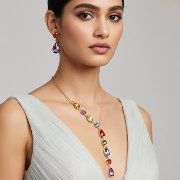 PRAO Anti-Tarnish Crystal Y Necklace Set With Earrings