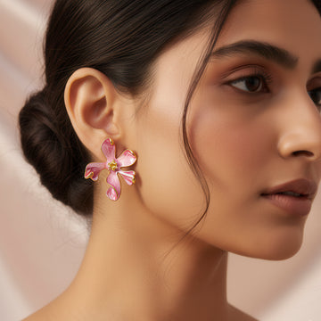 PRAO Anti-Tarnish Pink Enamel Lily Flower Studs