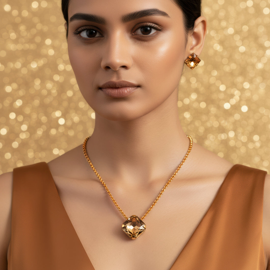 PRAO Anti-Tarnish Rhinestone Chain Pendant Necklace Set With Earrings