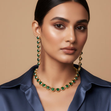PRAO Anti-Tarnish Gold Plated Emerald Green Crystals Necklace Set With Earrings