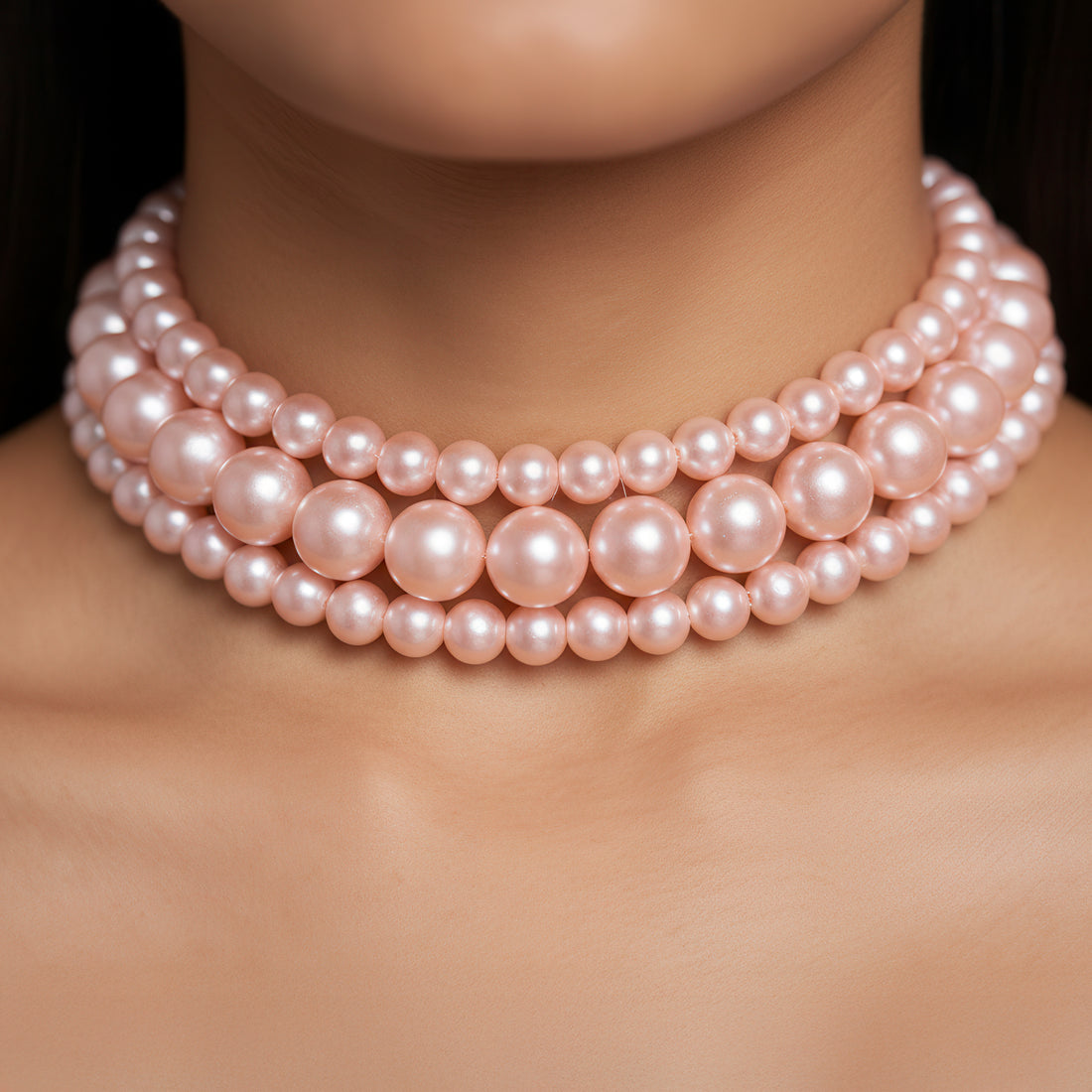 PRAO Triple Layer Rose Pink Pearl Choker Necklace