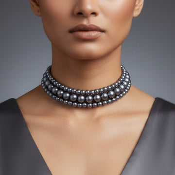 PRAO Triple Layer Blackish Grey Pearl Choker Necklace