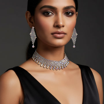 PRAO Anti-Tarnish Rainbow Rhinestone Chain Statement Necklace Set With Earrings