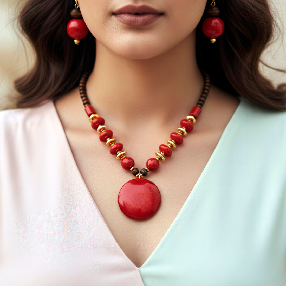 PRAO Bead & Resin Statement Necklace Set With Earrings