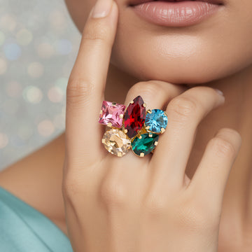 PRAO Anti-Tarnish 5 Multi Crystals Mixed Shapes Broad Band Ring (Adjustable Size)