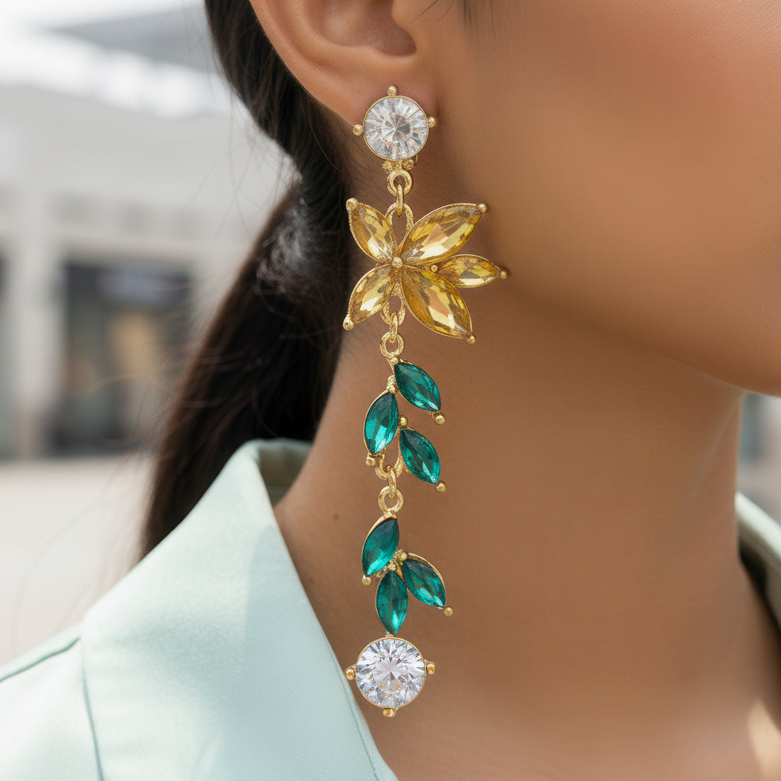 PRAO Anti-Tarnish Flower and Leaf Long Dangle Crystal Earrings