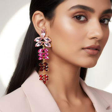 PRAO Anti-Tarnish Leafy Long Multicoloured Lightweight Crystal Earrings