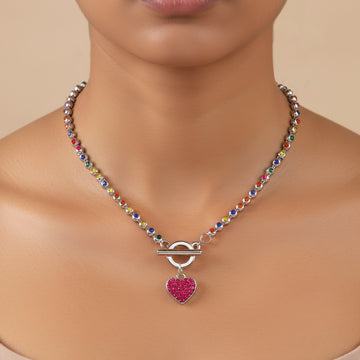 PRAO Anti-Tarnish AD-Studded Heart Charm Necklace with T-Lock