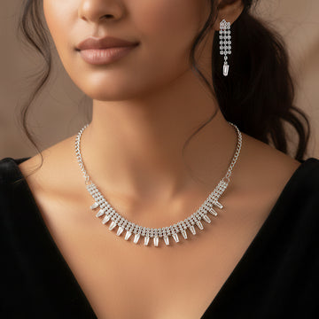 PRAO Anti-Tarnish Tapered Crystals with Rhinestone Chain Necklace Set With Earrings