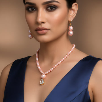 PRAO Rose Pink Pearl & Crystal Necklace Set with Earrings