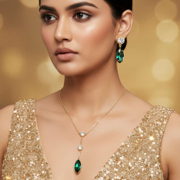 PRAO Anti-Tarnish Marquise Crystal Y-Necklace Set With Earrings