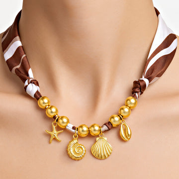 PRAO Scarf Necklace Brown White Striped Sea Charm