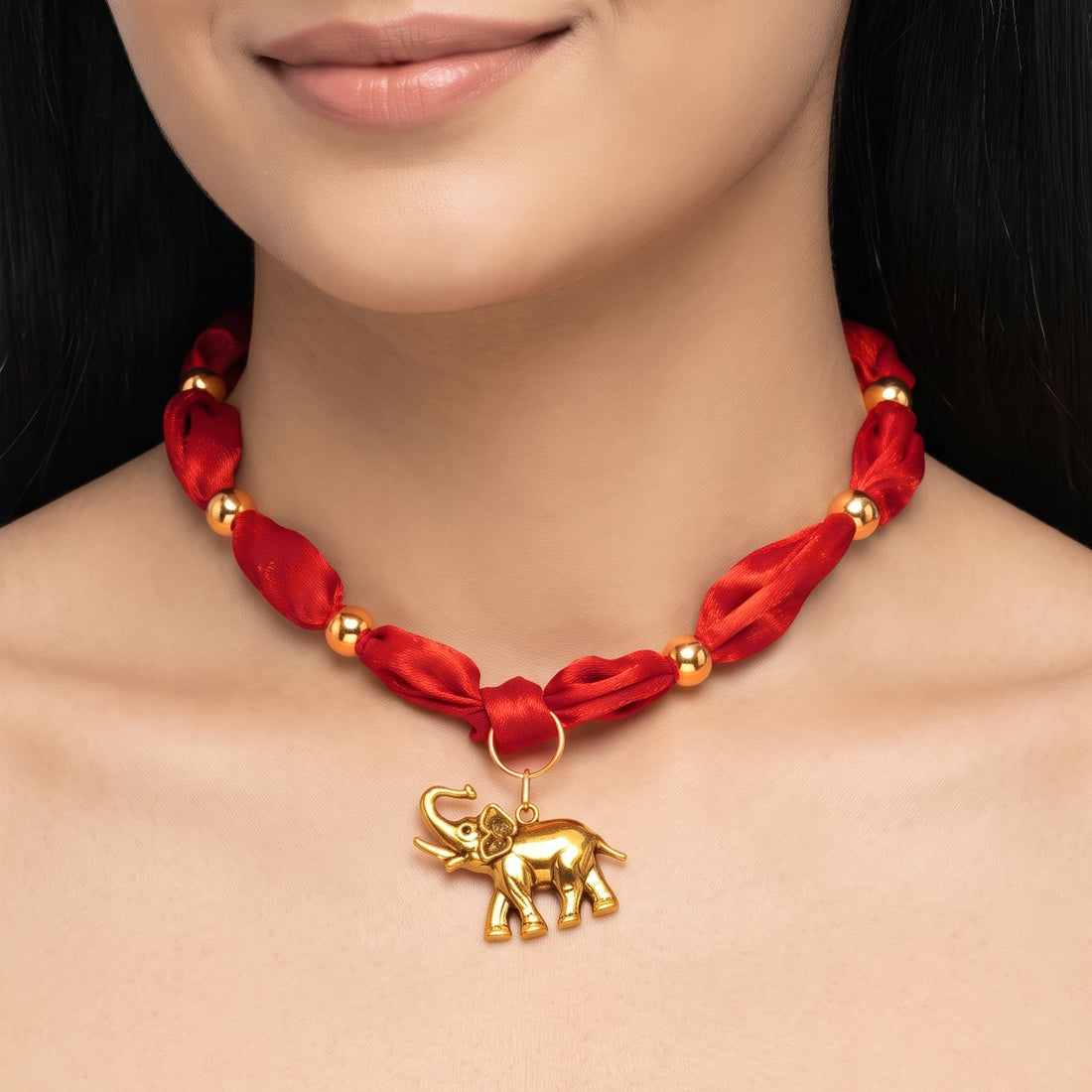 PRAO Necklace Anti-Tarnish Red Fabric Chain With Bead Accents And Elephant Charm