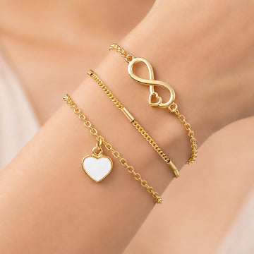 PRAO 3 Bracelet Anti-Tarnish Chain Set With Infinity And Heart Charms (Adjustable Size)