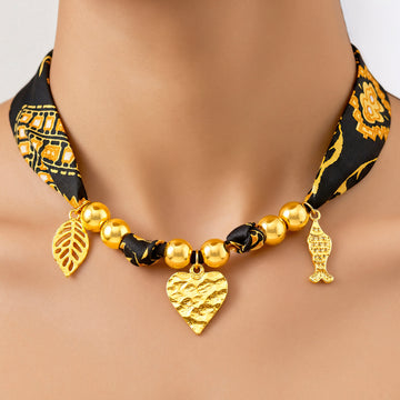 PRAO Scarf Necklace Black Orange Patterned Leaf Heart Fish