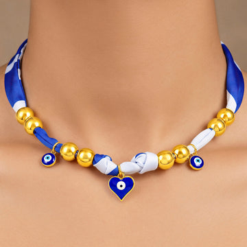 PRAO Scarf Necklace Blue White Patterned Evil Eye Heart Charm