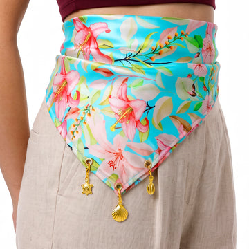 PRAO Necklace Anti-Tarnish Pink Floral Satin Scarf Detachable Charms