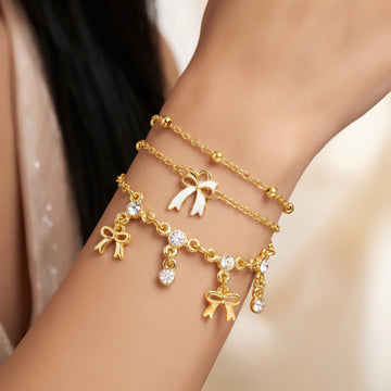 PRAO 3 Bracelet Anti-Tarnish Three-Piece Set With Bows And Crystal Accents (Adjustable Size)