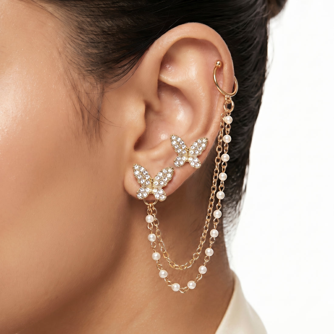 PRAO Earrings Anti-Tarnish Mismatch Butterfly Pearl Studs