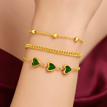 PRAO 3 Bracelet Anti-Tarnish Layered Set With Heart Charm And Cuban Link (Adjustable Size)