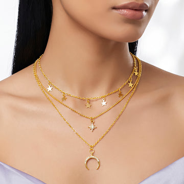 PRAO Necklace Anti-Tarnish Gold Plated Triple Layered Celestial Set
