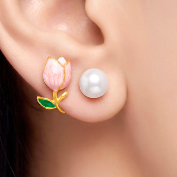 PRAO Earrings Anti-Tarnish Pink Lotus Pearl Studs