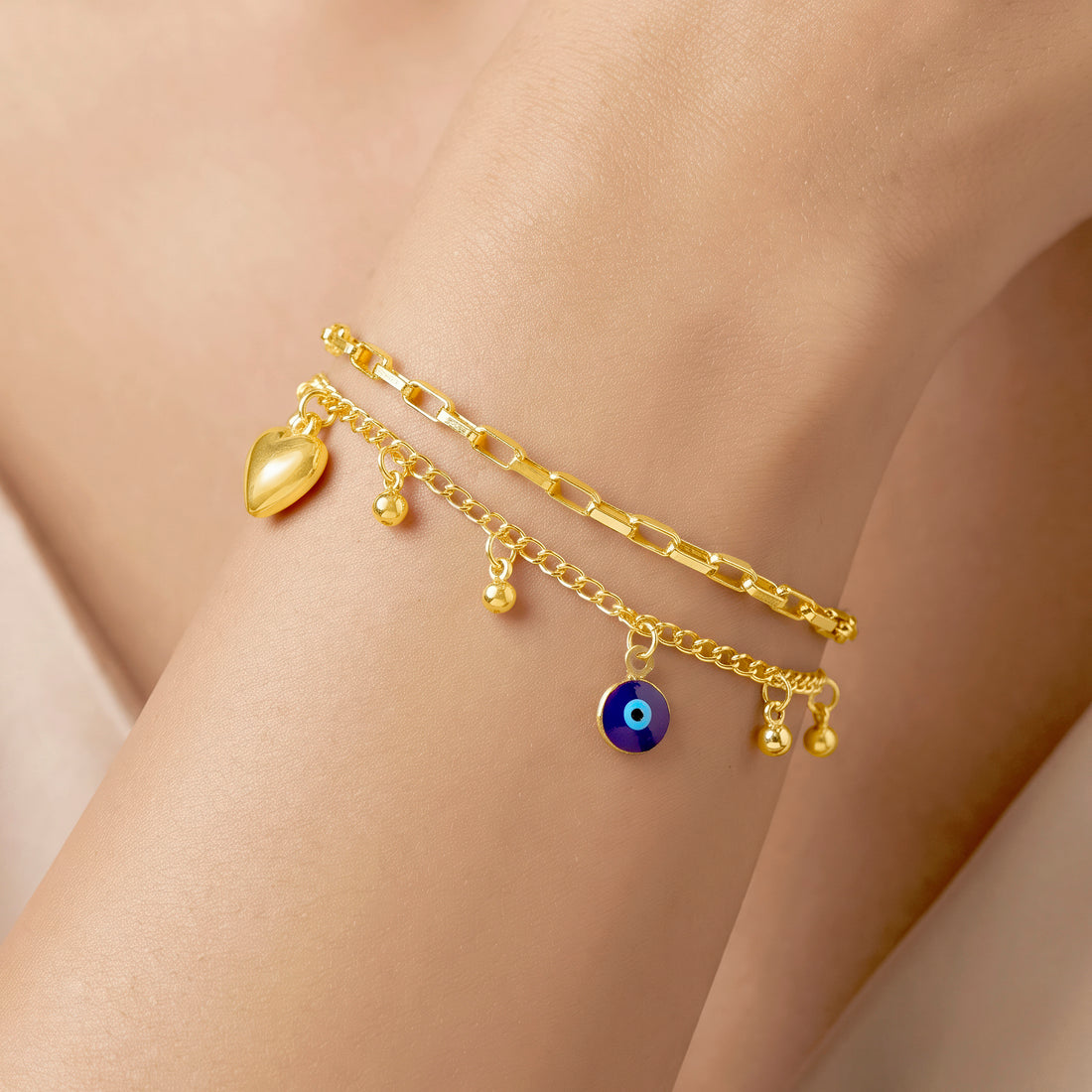 PRAO Bracelet Anti-Tarnish Layered Golden Heart Charms (Adjustable Size)