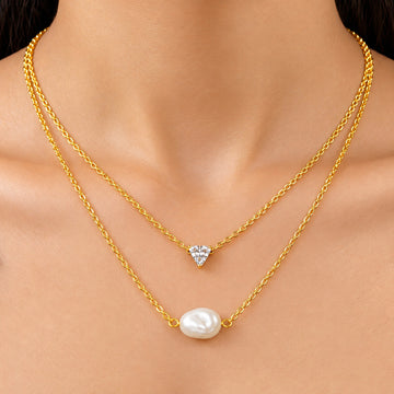 PRAO Necklace Anti-Tarnish Double-Strand Pearl & Trillion Crystal Chain