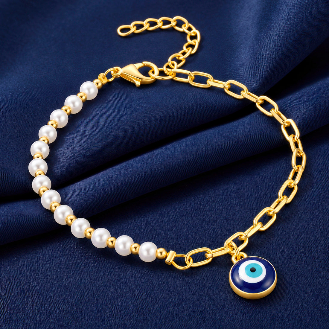 PRAO Bracelet Anti-Tarnish Pearl Blue Evil Eye (Adjustable Size)