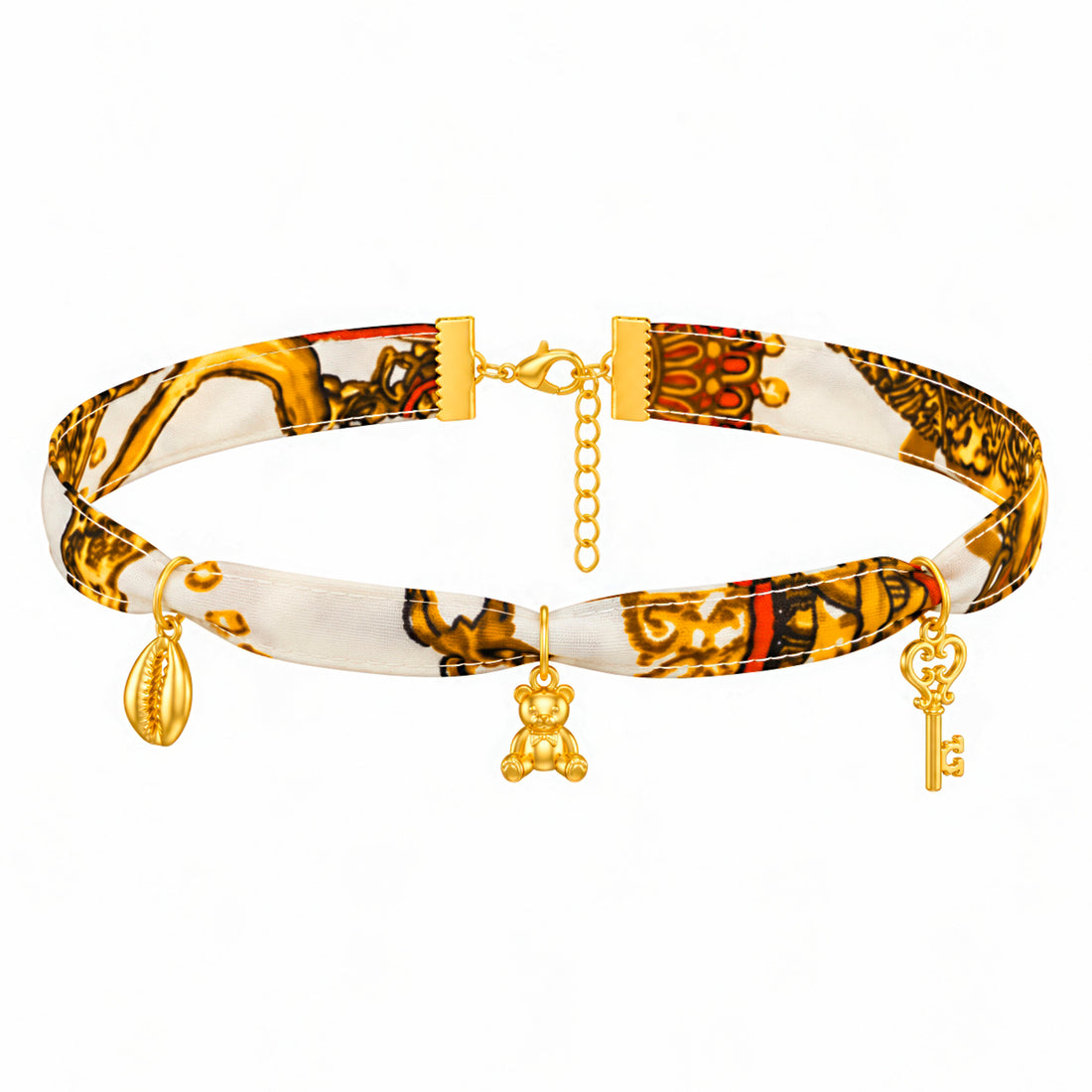 PRAO Necklace Silky Print Satin Choker With Gold Charms